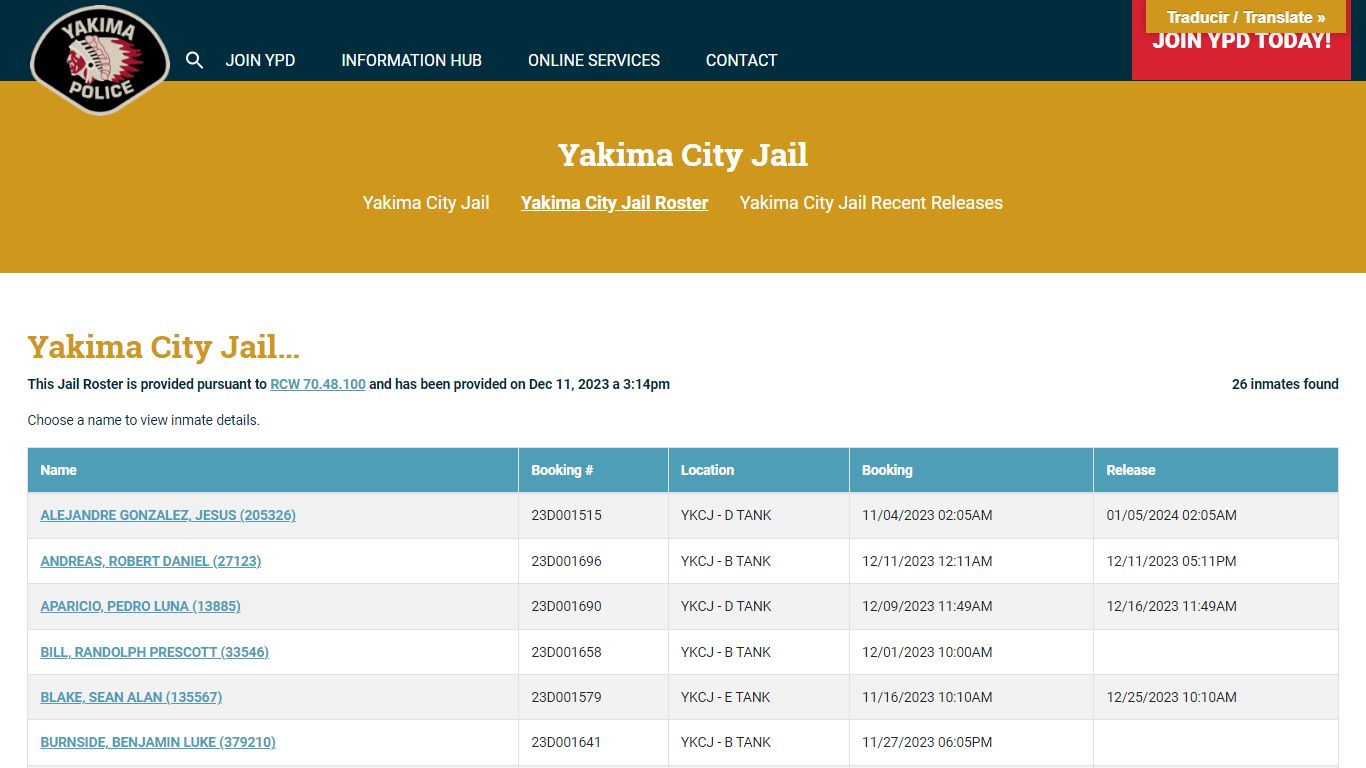 Yakima City Jail Roster | Yakima Police Department